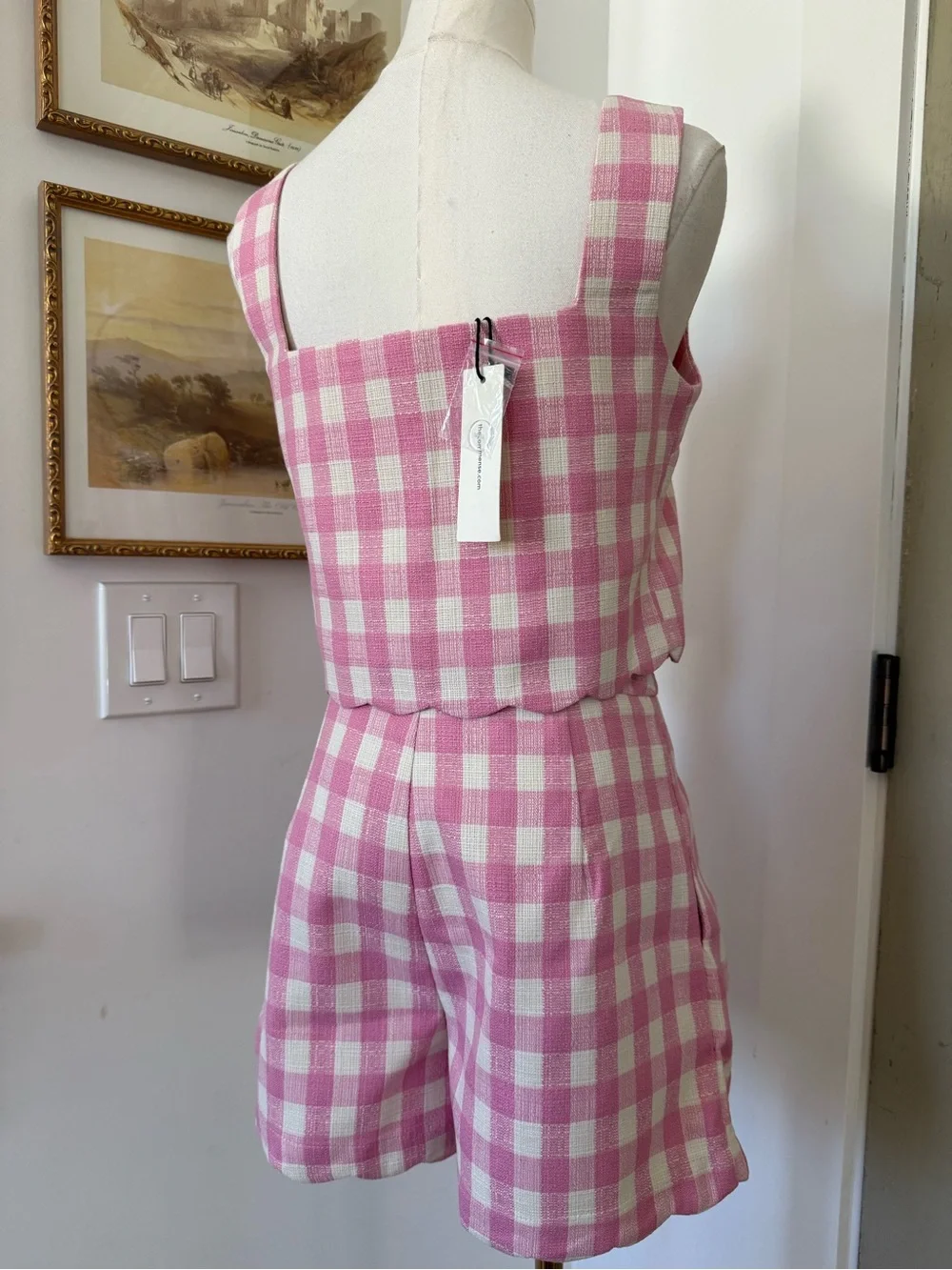 NWT Commense Pink Gingham Two-Piece Crop Top & Shorts Set